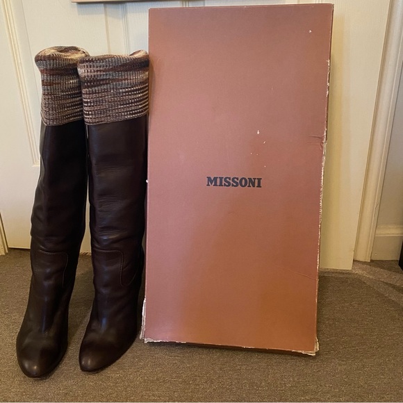 Missoni Brown Leather Boots Knit Striped Block Heel Knee High w/box 8.5 EU 38.5 - Picture 12 of 15